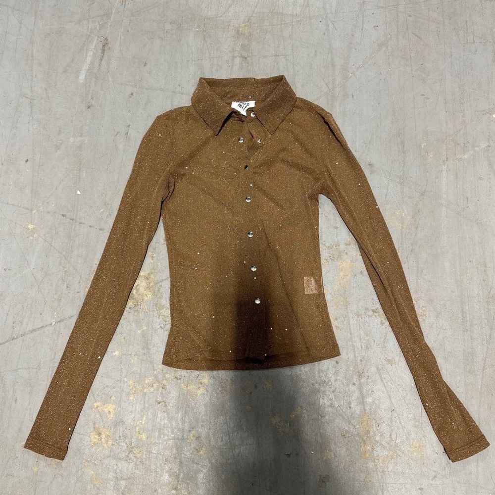 Princess Polly Bronze Glitter Long Sleeve Button Up Top Brown Shimmer Size 0